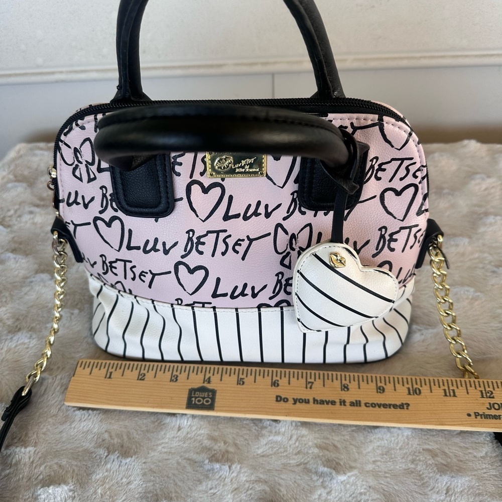 Betsey Johnson Heart and Stripe Satchel - Pink and White - Picture 5 of 7